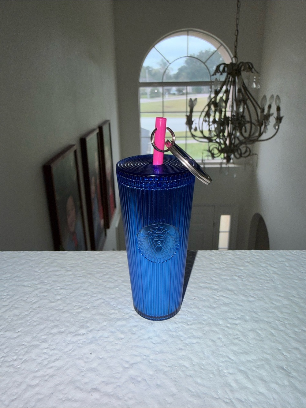 Starbucks Blue Ribbed Mini Tumbler Keychain with Pink Straw